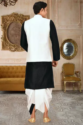 Black dupon art silk kurta, jacket with matching dhoti
