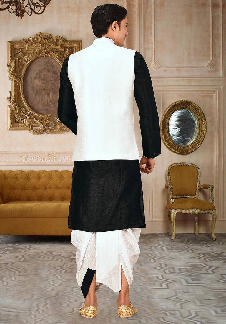Black dupon art silk kurta, jacket with matching dhoti