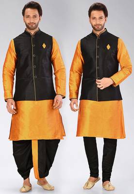 Mustard dupon art silk kurta, jacket with matching dhoti and churidar 1