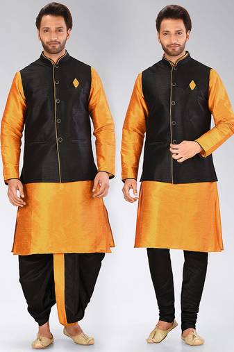 Mustard dupon art silk kurta, jacket with matching dhoti and churidar