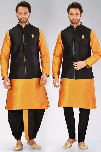 Mustard dupon art silk kurta, jacket with matching dhoti and churidar