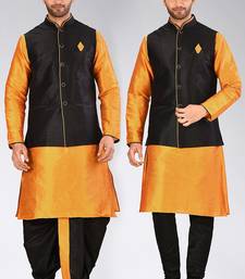 Mustard dupon art silk kurta, jacket with matching dhoti and churidar