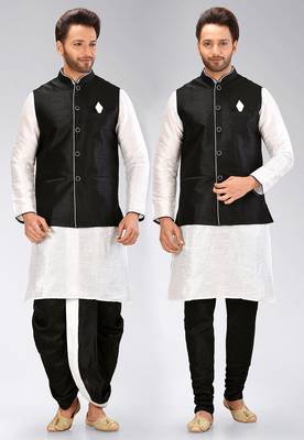 White dupon art silk kurta, jacket with matching dhoti and churidar 1