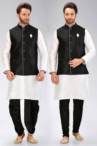 White dupon art silk kurta, jacket with matching dhoti and churidar