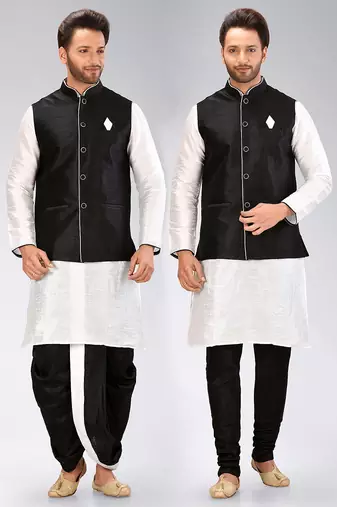 White dupon art silk kurta, jacket with matching dhoti and churidar