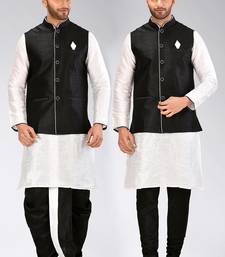 White dupon art silk kurta, jacket with matching dhoti and churidar
