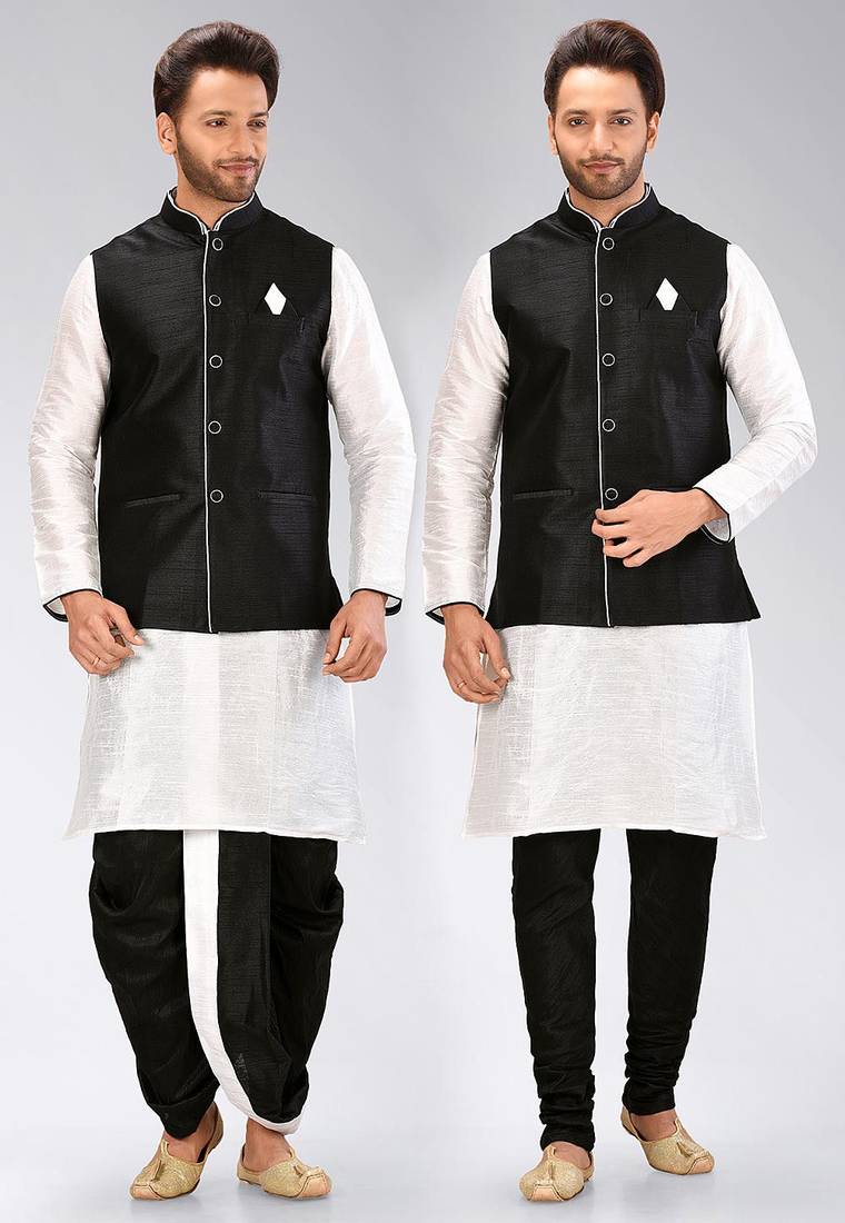 White dupon art silk kurta, jacket with matching dhoti and churidar
