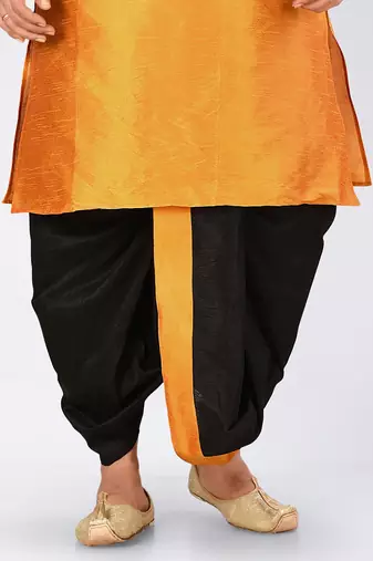 Mustard dupon art silk kurta, jacket with matching dhoti and churidar