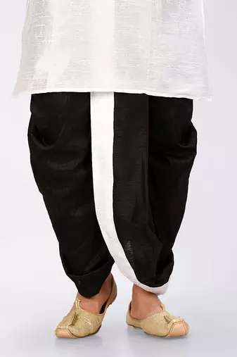 White dupon art silk kurta, jacket with matching dhoti and churidar