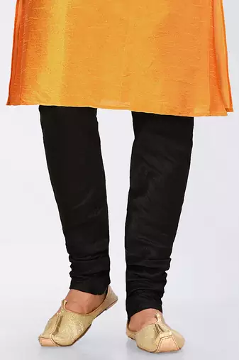 Mustard dupon art silk kurta, jacket with matching dhoti and churidar