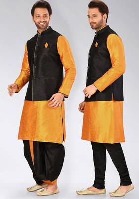 Mustard dupon art silk kurta, jacket with matching dhoti and churidar 4