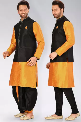Mustard dupon art silk kurta, jacket with matching dhoti and churidar