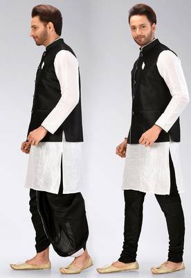 White dupon art silk kurta, jacket with matching dhoti and churidar 4
