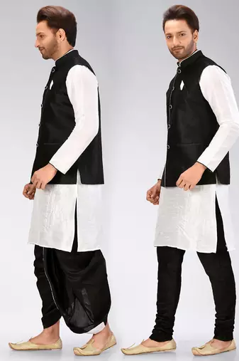 White dupon art silk kurta, jacket with matching dhoti and churidar
