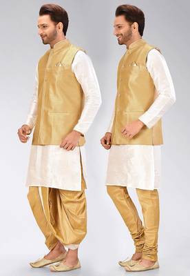 White dupon art silk kurta, jacket with matching dhoti and churidar 1