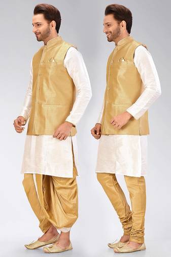 White dupon art silk kurta, jacket with matching dhoti and churidar