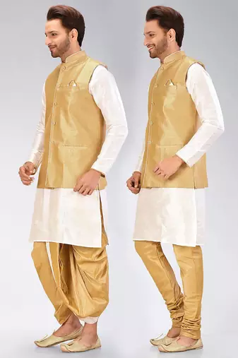 White dupon art silk kurta, jacket with matching dhoti and churidar