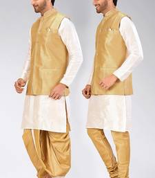 White dupon art silk kurta, jacket with matching dhoti and churidar