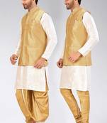 White dupon art silk kurta, jacket with matching dhoti and churidar
