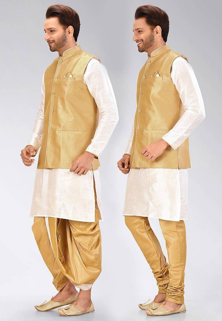 White dupon art silk kurta, jacket with matching dhoti and churidar