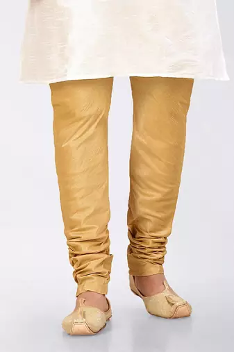 White dupon art silk kurta, jacket with matching dhoti and churidar