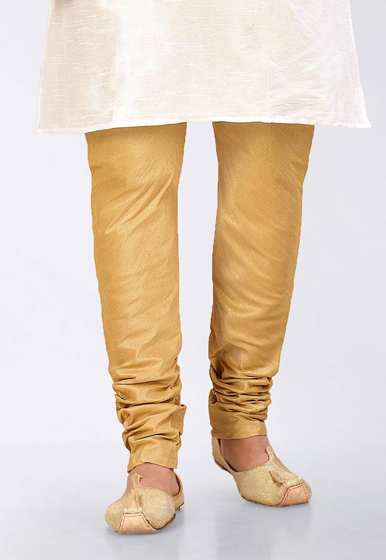 White dupon art silk kurta, jacket with matching dhoti and churidar