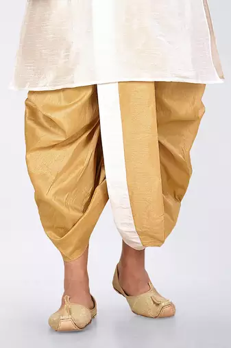 White dupon art silk kurta, jacket with matching dhoti and churidar