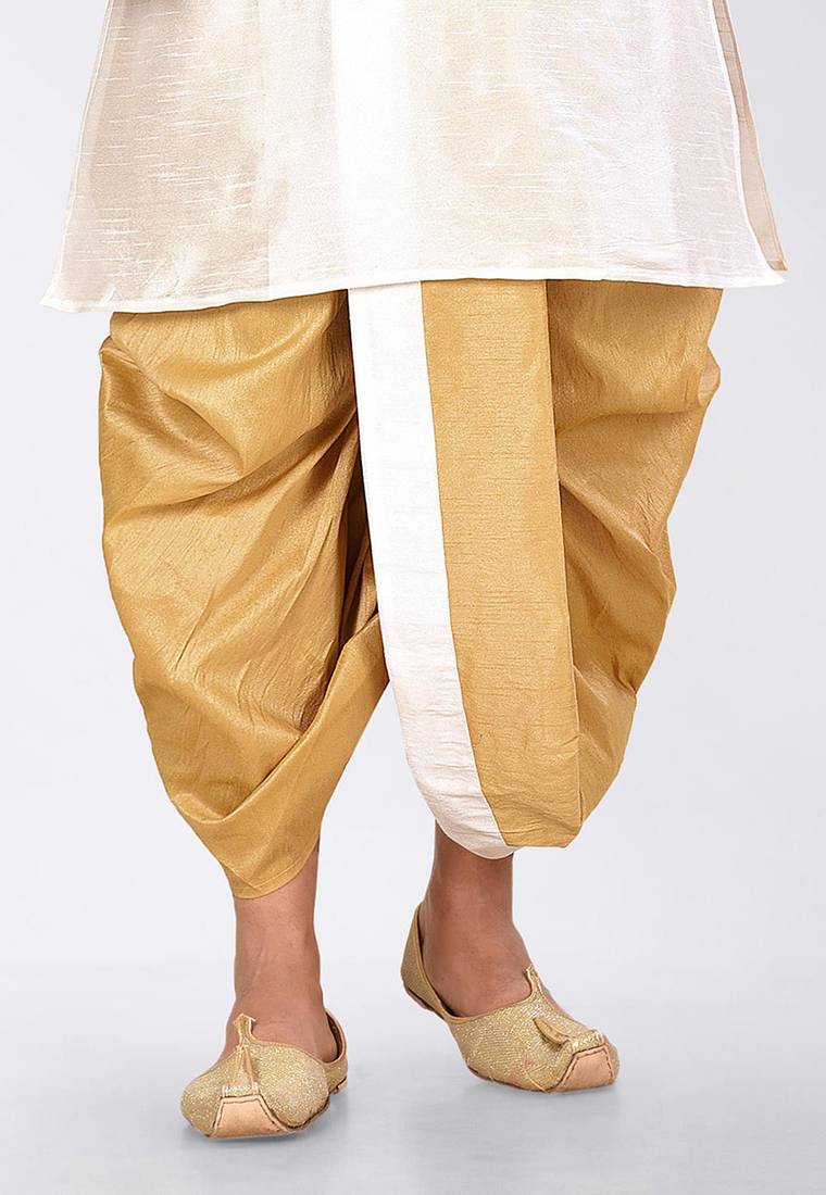White dupon art silk kurta, jacket with matching dhoti and churidar