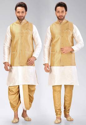 White dupon art silk kurta, jacket with matching dhoti and churidar 4
