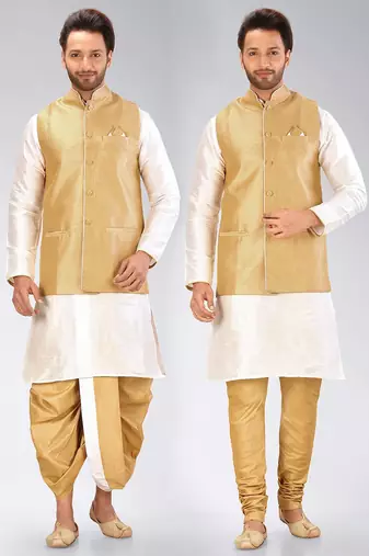 White dupon art silk kurta, jacket with matching dhoti and churidar