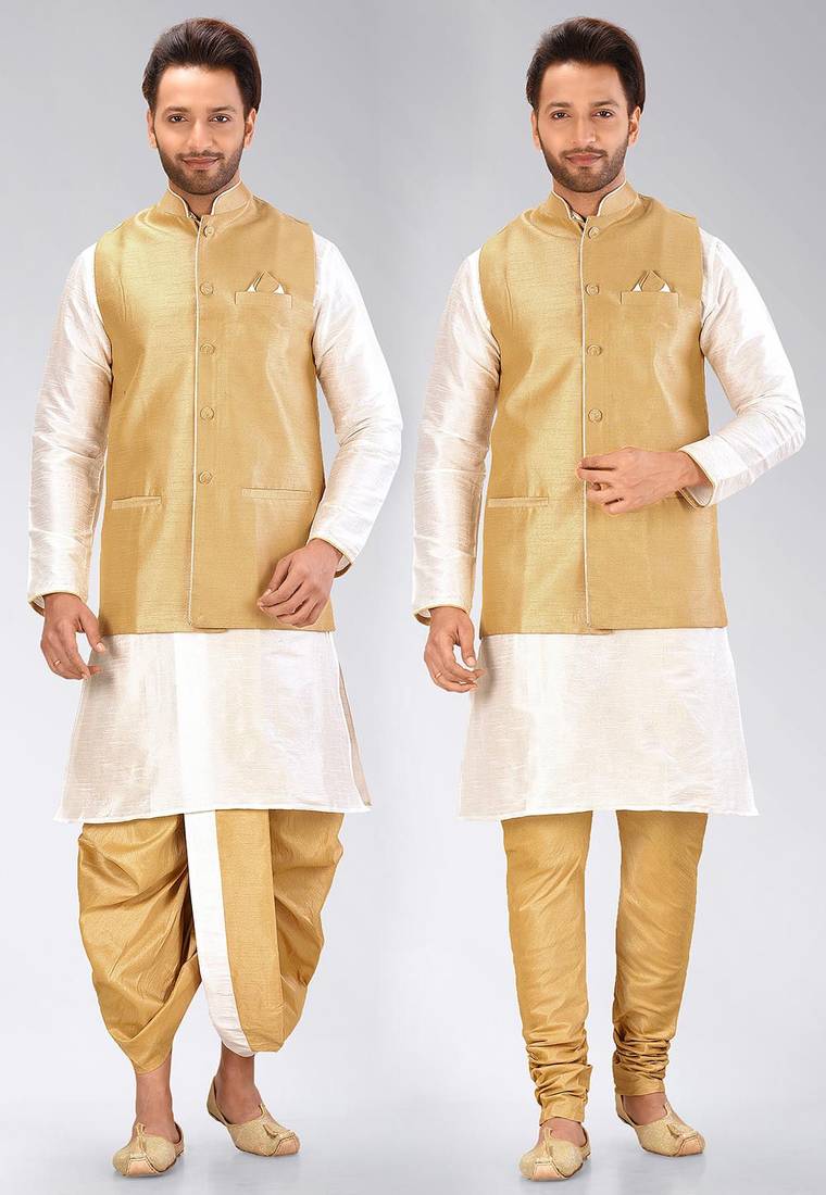 White dupon art silk kurta, jacket with matching dhoti and churidar