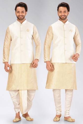 Fawn dupon art silk kurta, jacket with matching dhoti and churidar