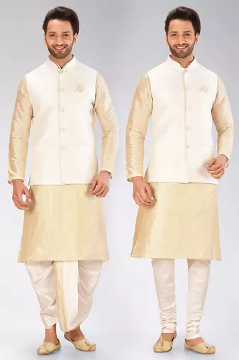 Fawn dupon art silk kurta, jacket with matching dhoti and churidar