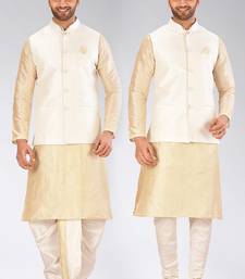 Fawn dupon art silk kurta, jacket with matching dhoti and churidar