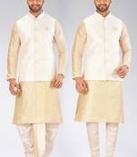 Fawn dupon art silk kurta, jacket with matching dhoti and churidar