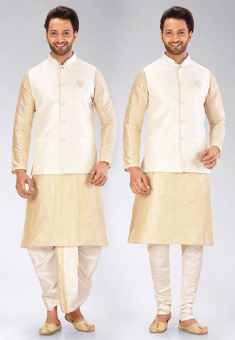 Fawn dupon art silk kurta, jacket with matching dhoti and churidar