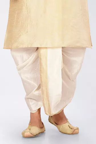 Fawn dupon art silk kurta, jacket with matching dhoti and churidar