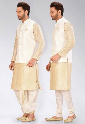 Fawn dupon art silk kurta, jacket with matching dhoti and churidar 4