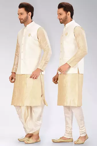 Fawn dupon art silk kurta, jacket with matching dhoti and churidar