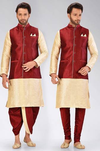 Fawn dupon art silk kurta, jacket with matching dhoti and churidar