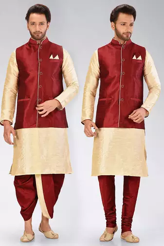 Fawn dupon art silk kurta, jacket with matching dhoti and churidar