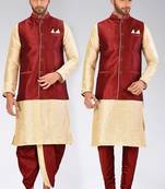 Fawn dupon art silk kurta, jacket with matching dhoti and churidar