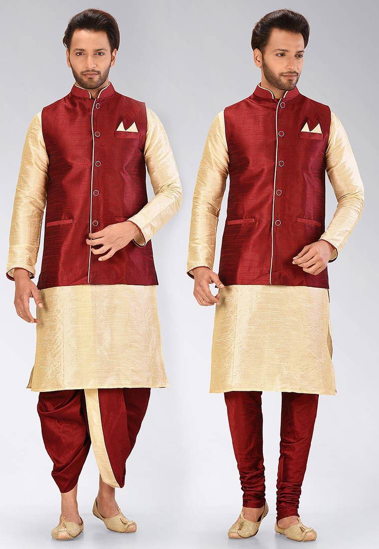 Fawn dupon art silk kurta, jacket with matching dhoti and churidar