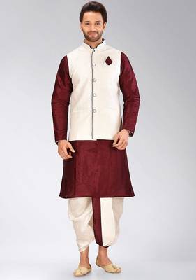 Mahroon dupon art silk kurta, jacket with matching dhoti 1