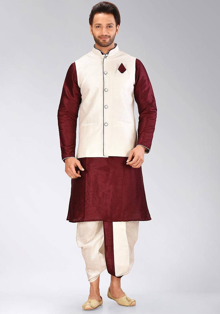Mahroon dupon art silk kurta, jacket with matching dhoti
