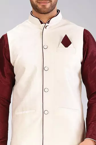 Mahroon dupon art silk kurta, jacket with matching dhoti
