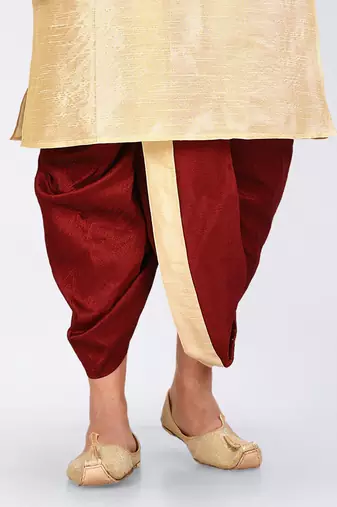 Fawn dupon art silk kurta, jacket with matching dhoti and churidar