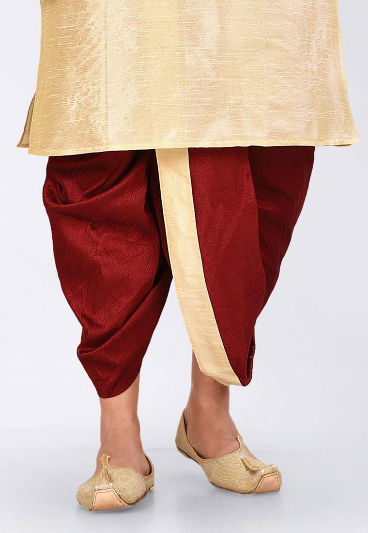 Fawn dupon art silk kurta, jacket with matching dhoti and churidar