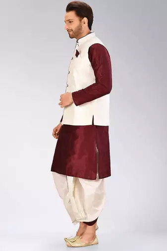 Mahroon dupon art silk kurta, jacket with matching dhoti