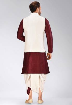 Mahroon dupon art silk kurta, jacket with matching dhoti 4